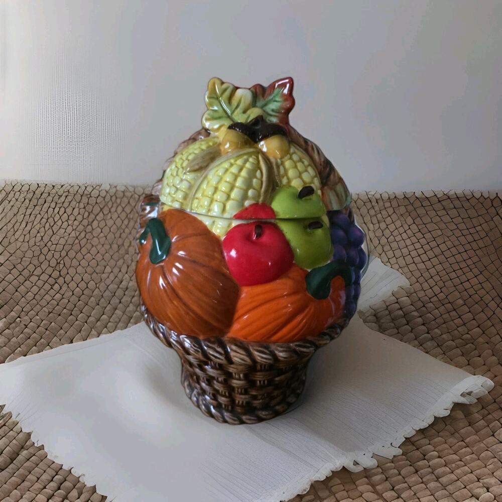 David’s Cookies Harvest Basket Cookie Jar - Autumn/Fall Hand Painted - Retired